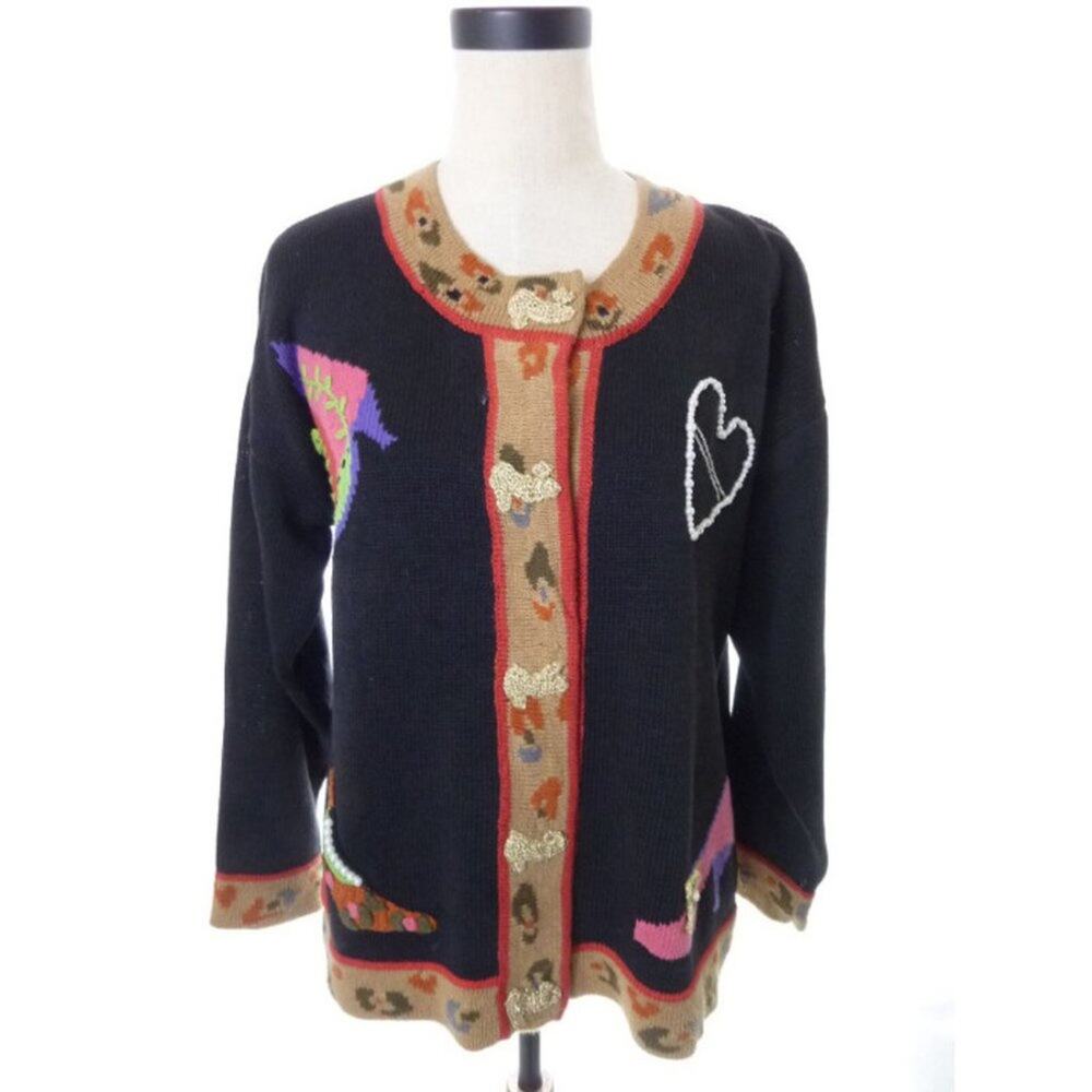 Vintage Storybook Knits High Heels Shoe Cardigan Sweater Black Women Medium M